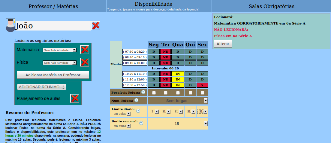 software para construir horários escolares - Exemplo Professor - Etapa 5